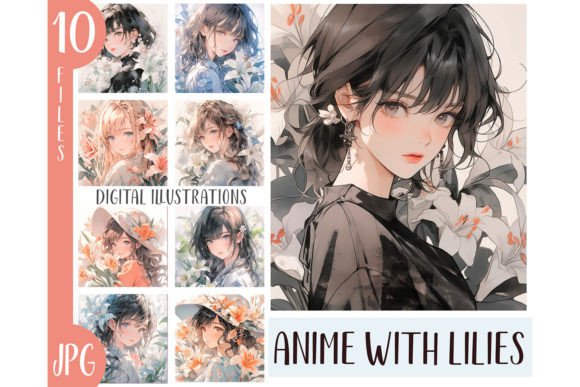Download Watercolor Lilies Girl Anime Clipart JPG - Premium Resources